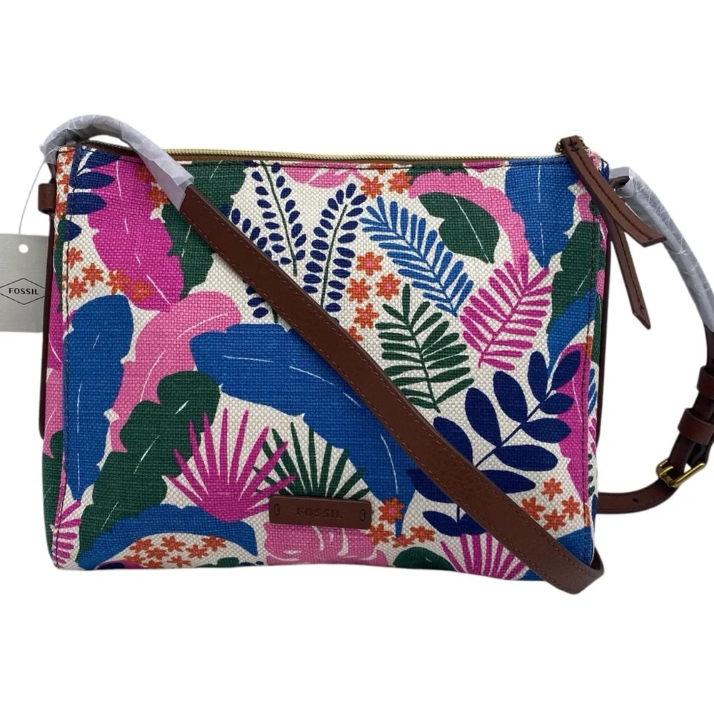 Fossil Womens Bag Felicity Crossbody Tropical Blue Pink Canvas Leather Floral